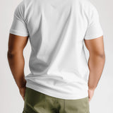 Back view of a white cotton Wildfire 'Pushpa 2' t-shirt worn by a man.