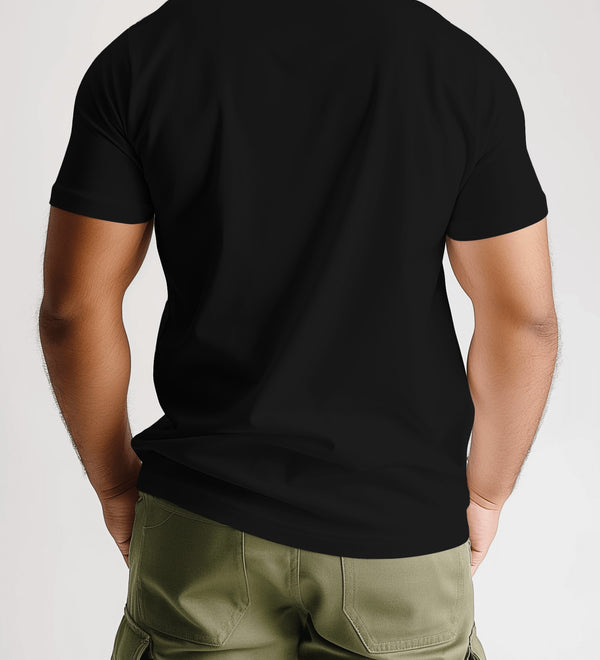 Back view of a men's black Diluminati graphic t-shirt with a cosmic and spiritual design.