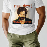 White t-shirt featuring a graphic of Allu Arjun from Pushpa 2 with Telugu text and 'Wildfire' text.
