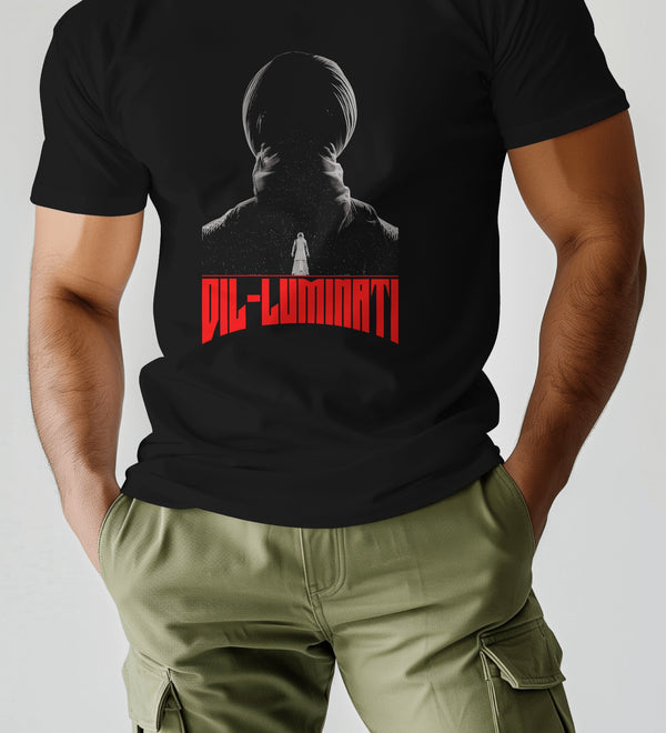 Black Diljit Dosanjh 'Diluminati' graphic t-shirt featuring a cosmic design and red text.