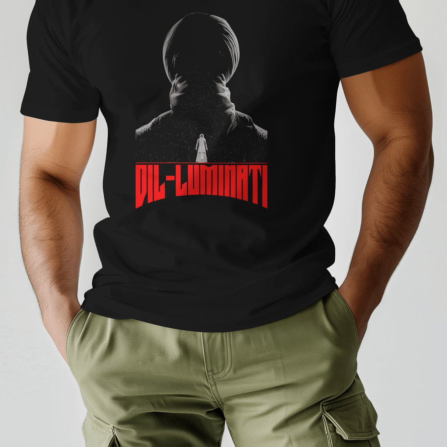Black Diljit Dosanjh 'Diluminati' graphic t-shirt featuring a cosmic design and red text.