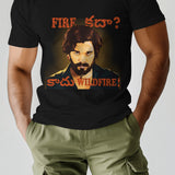 Black t-shirt featuring a graphic of Allu Arjun and the Telugu phrase 'Fire Kadha?' and 'Wildfire!'