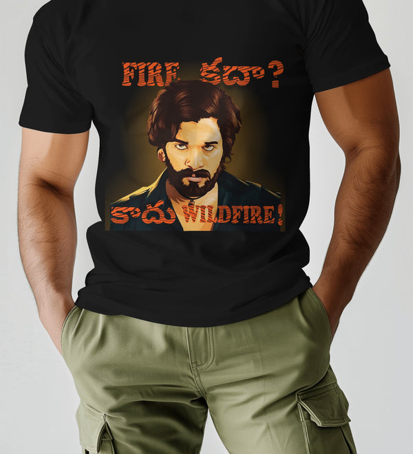 Black t-shirt featuring a graphic of Allu Arjun and the Telugu phrase 'Fire Kadha?' and 'Wildfire!'