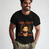 Black cotton t-shirt featuring a graphic of Allu Arjun from Pushpa 2 with the text 'Fire Kadha? Kaadu Wildfire!'