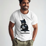 White t-shirt featuring a 'Catman Vengeance' graphic, inspired by Batman, on the front.