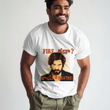 White cotton t-shirt featuring a graphic of Allu Arjun from Pushpa 2 with 'Wildfire' text.