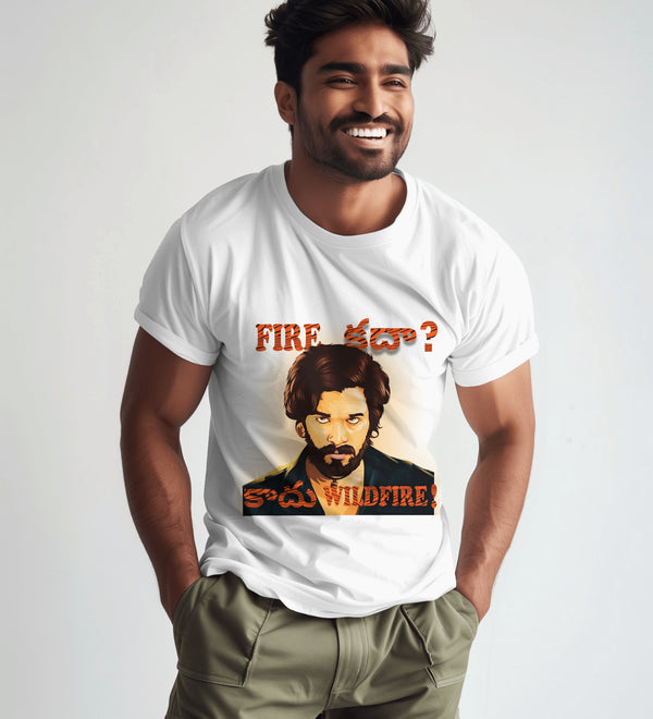 White cotton t-shirt featuring a graphic of Allu Arjun from Pushpa 2 with 'Wildfire' text.