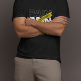 Front view of a men's black gym t-shirt with 'Pain Is Temporary' graphic print.