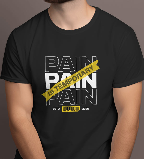 Front view of a black men's t-shirt with a 'Pain Is Temporary' graphic design.