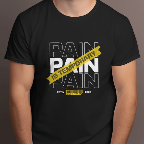 Front view of a men's black gym t-shirt with 'Pain Is Temporary' graphic design.