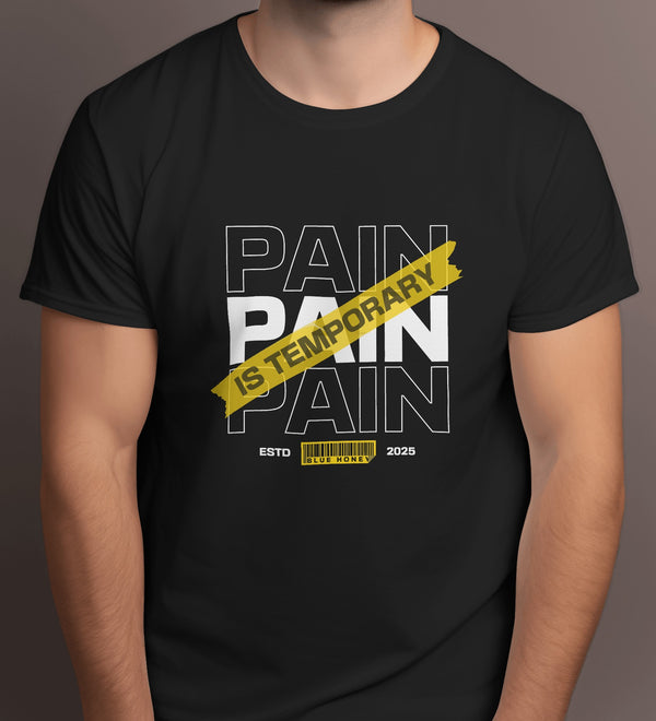 Front view of a men's black gym t-shirt with 'Pain Is Temporary' graphic design.