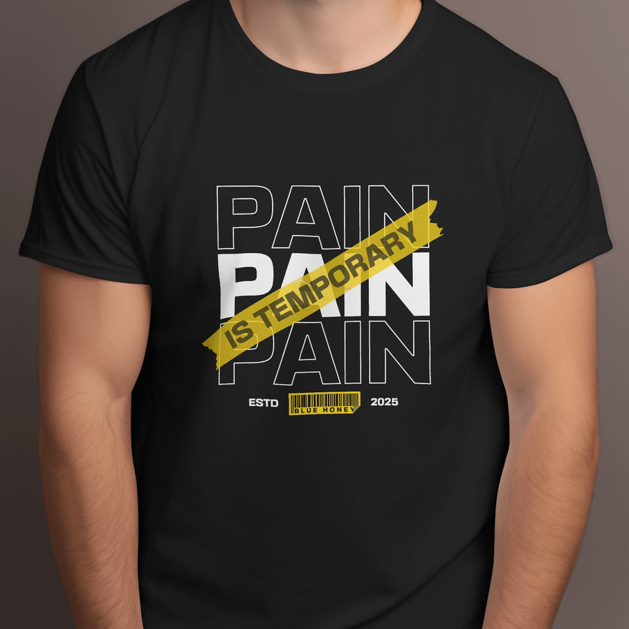 Front view of a men's black gym t-shirt with 'Pain Is Temporary' graphic design.