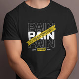 Front view of a men's black "Pain Is Temporary" graphic t-shirt, designed for gym wear.