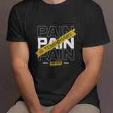 Front view of a men's black t-shirt with 'Pain Is Temporary' graphic, ideal for gym wear.