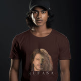 Brown t-shirt featuring a split image of Shah Rukh Khan and Mufasa, with 'MUFASA' text below.