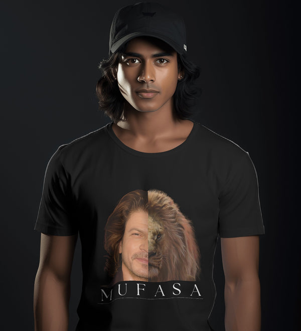 Black t-shirt featuring a split image of Shah Rukh Khan and Mufasa, with 'MUFASA' text below.