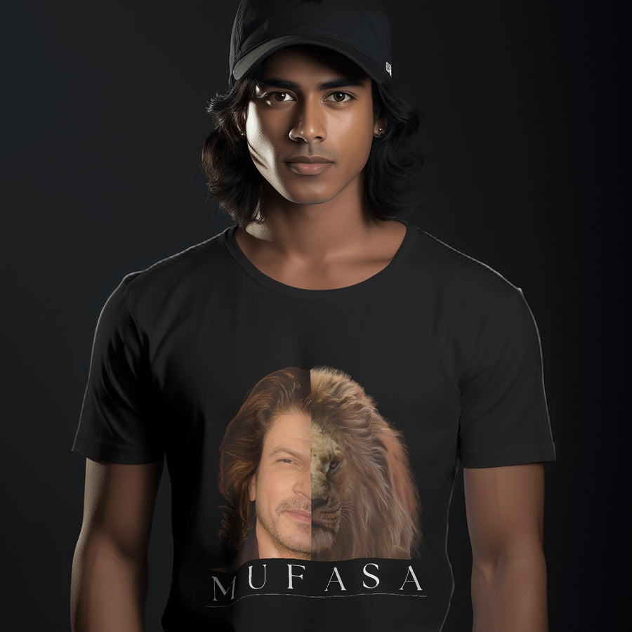Black t-shirt featuring a split image of Shah Rukh Khan and Mufasa, with 'MUFASA' text below.