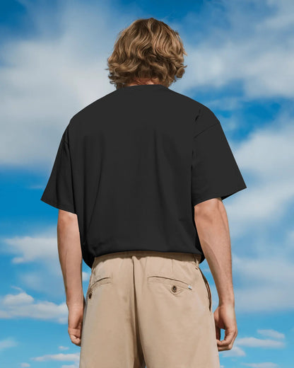 the same male white man from the earlier pic showing the plain back of black oversized Pluviophile tshirt