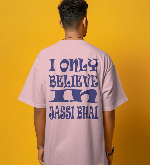 Back view of a unisex oversized pink t-shirt with 'I only believe in Jassi Bhai Bumrah' graphic.