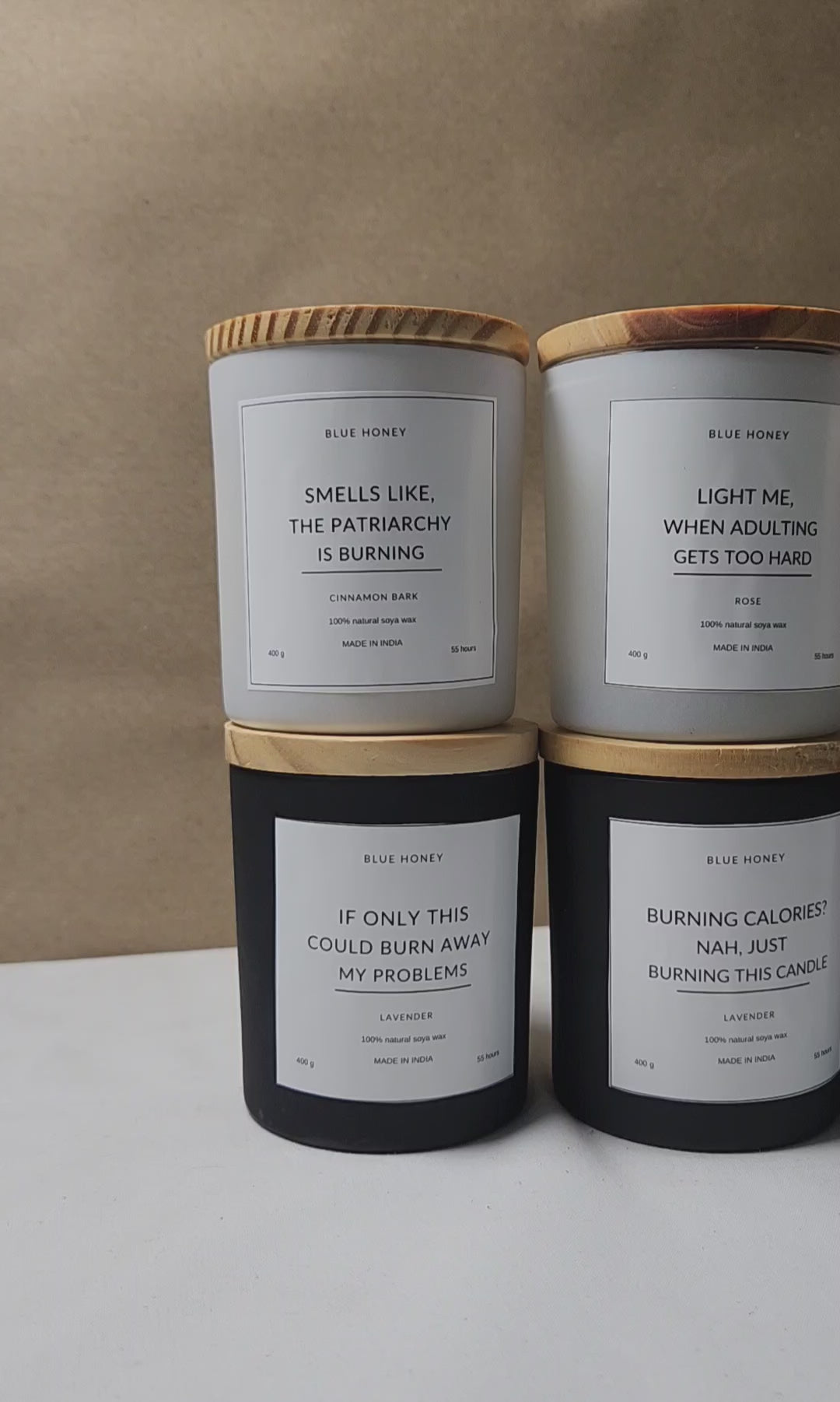 Video of all the black and white matte glass jar offering with custom labels.