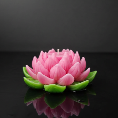 The Purity Lotus Candle in pink and green, a handmade floating candle with detailed petals, shown from the front.