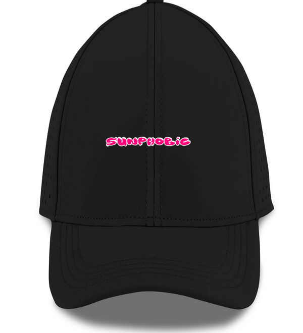Front view of a black unisex Sunphobic sports cap with pink lettering on the front.