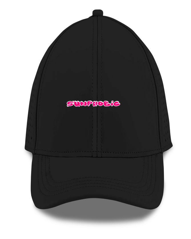 Front view of a black unisex Sunphobic sports cap with pink lettering on the front.