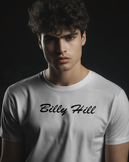 A white male model wearing a white tshirt with the caption Billy Hill