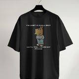 Black cotton graphic tee for men featuring a cartoon character and the quote 'I'm Just a Chill Guy... Until You Touch My Phone'.