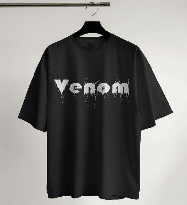 Black Venom unisex oversized graphic tee with a white drip design, perfect for streetwear.