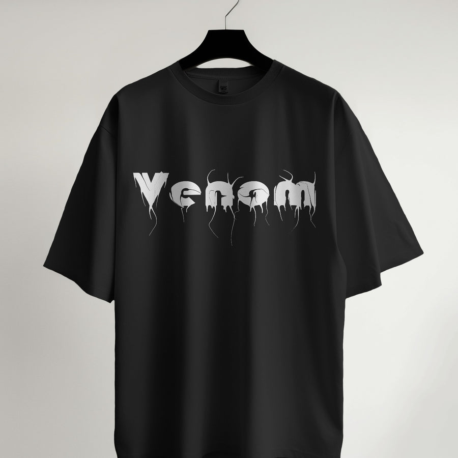 Black Venom unisex oversized graphic tee with a white drip design, perfect for streetwear.