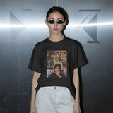 Front view of a black t-shirt with a "Smoking" graphic featuring a man smoking and "The Who" text.