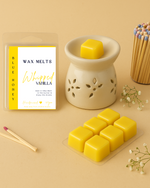 Blue Honey Whipped Vanilla wax melts in a clear plastic package with a wax warmer and matches.