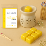 Blue Honey Whipped Vanilla wax melts in a clear plastic package with a wax warmer and matches.