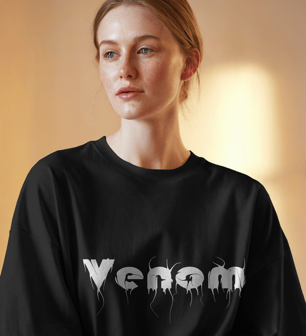 Venom Unisex Oversized Graphic Tee in black featuring a drip design, perfect for streetwear.
