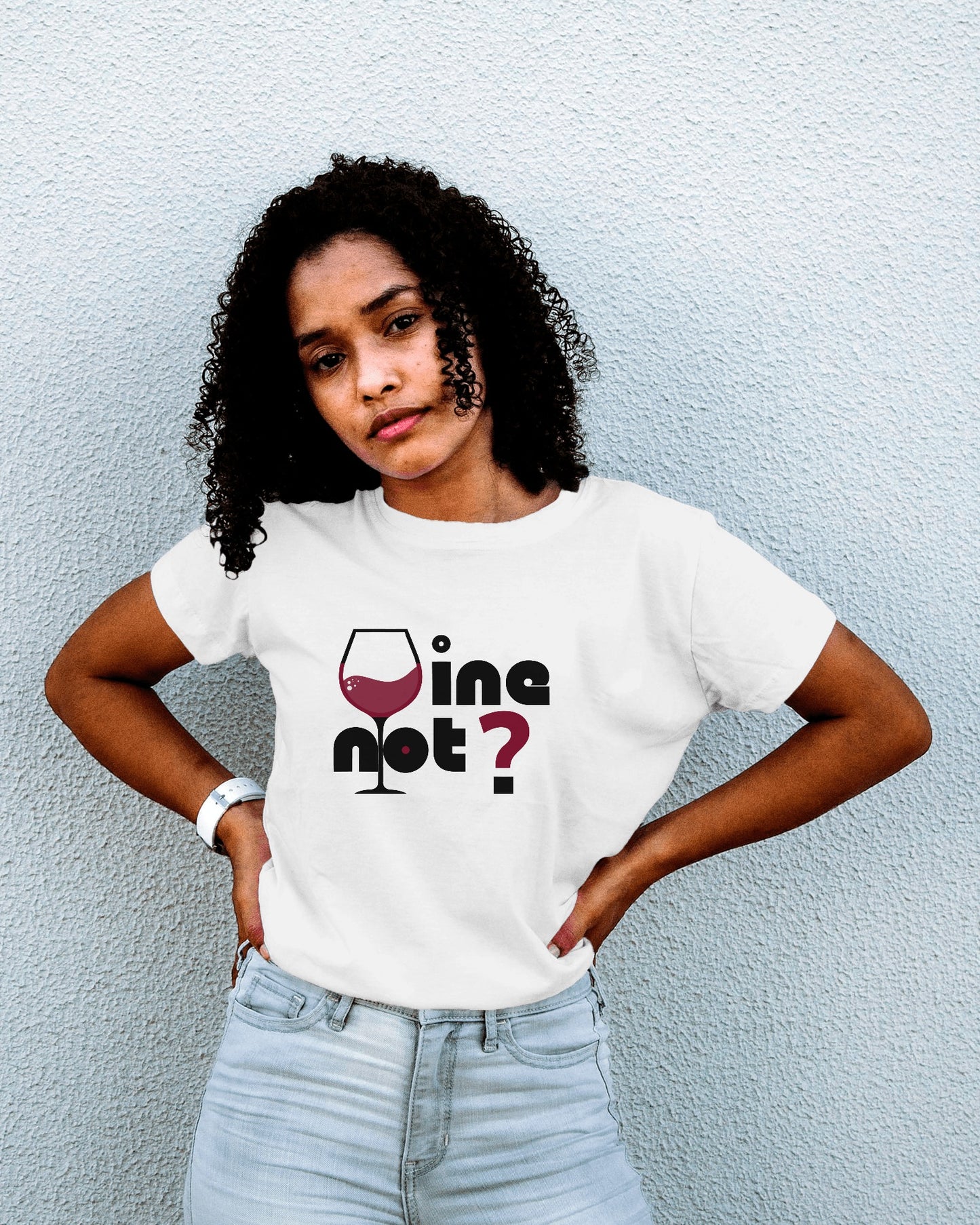 an African female model wearing white wine not ? graphic t-shirt