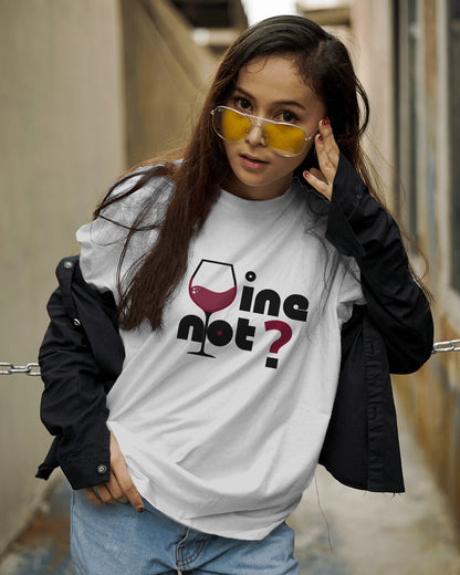 an Indian female model wearing white wine not ? graphic t-shirt