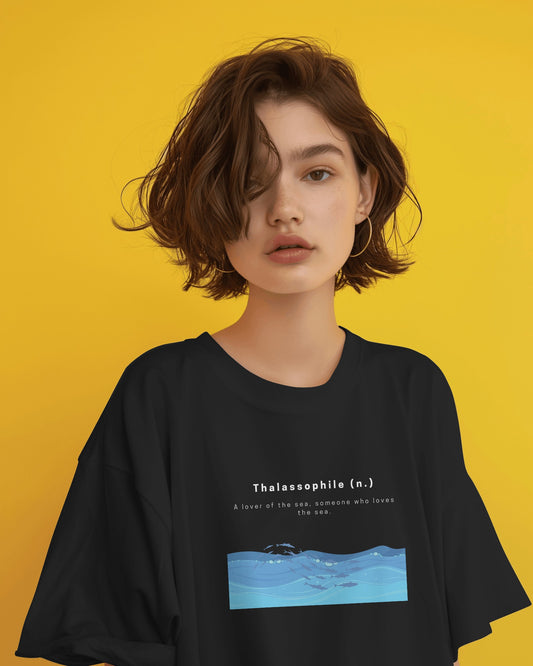 Model wearing Thalassophile oversized t-shirt by Blue Honey